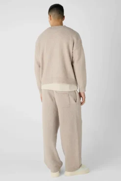Shop boohooMAN Brushed Boucle Knitted Branded Jumper Tracksuit stone