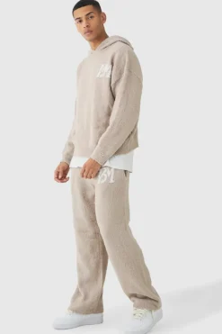 Hot boohooMAN Brushed Boucle Knitted Branded Hooded Tracksuit stone