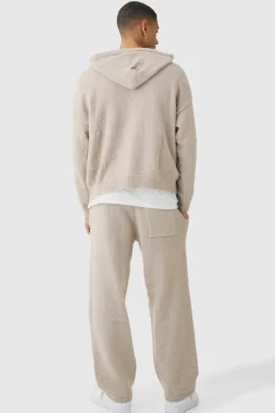 Hot boohooMAN Brushed Boucle Knitted Branded Hooded Tracksuit stone