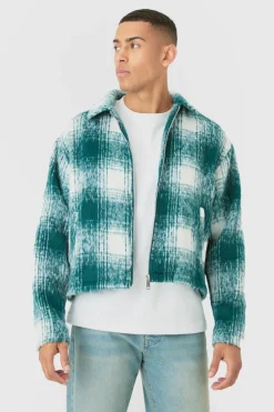 Sale boohooMAN Brushed Check Collared Harrington Jacket In green