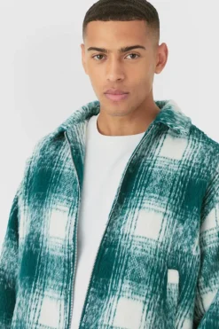 Sale boohooMAN Brushed Check Collared Harrington Jacket In green