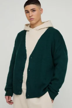 Online boohooMAN Brushed Contrast Trim Boxy Cardigan green