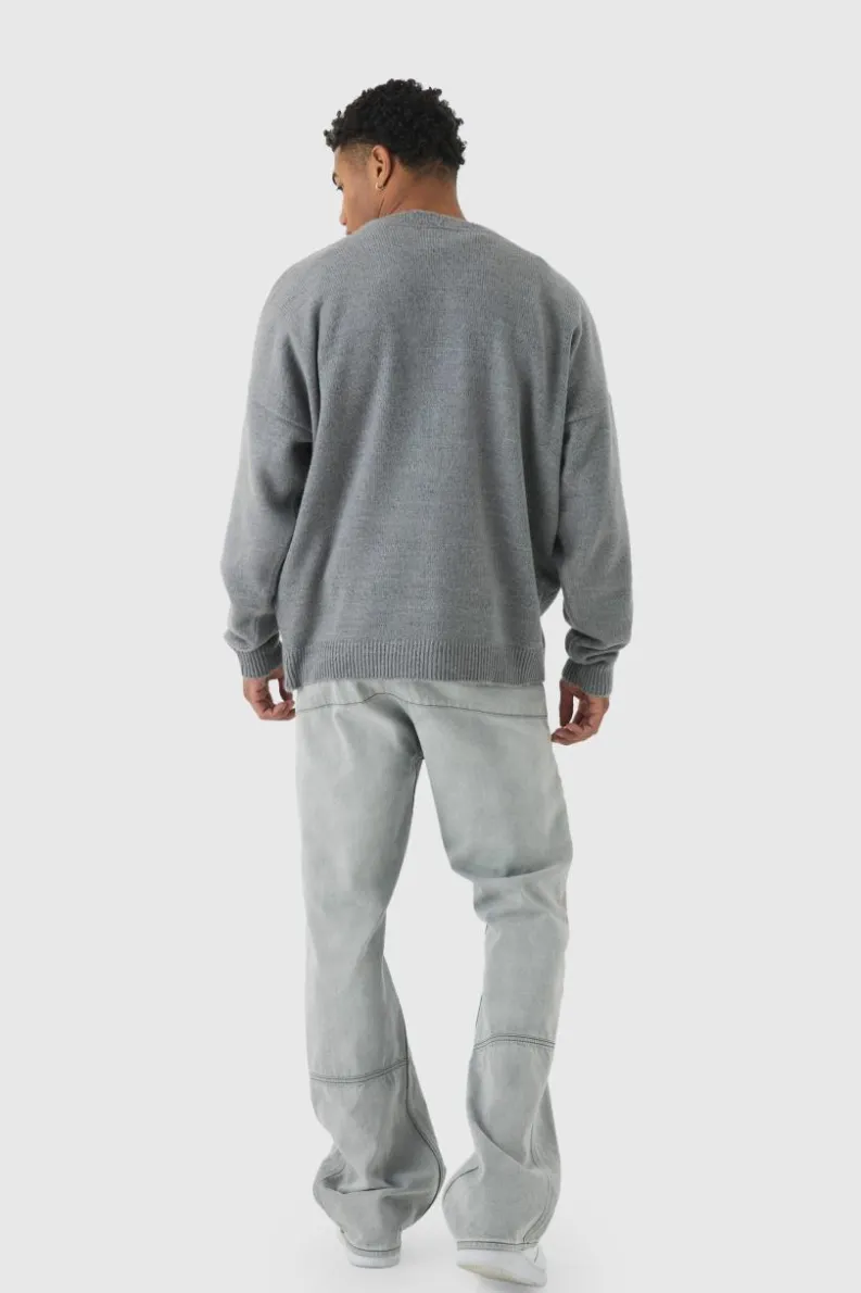 Cheap boohooMAN Brushed Knit Oversized Drop Shoulder Cardigan grey
