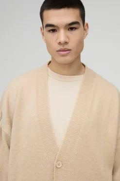 Cheap boohooMAN Brushed Knit Oversized Drop Shoulder Cardigan cream