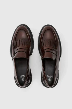 Hot boohooMAN Brushed Pu Fringe Detail Loafer In brown