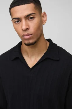Shop boohooMAN Brushed Wide Rib Revere Long Sleeve Polo black
