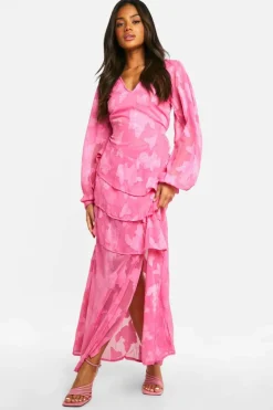 Store boohoo Burnout Floral Frill Detail Maxi Dress pink