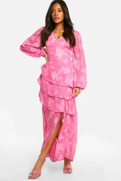 Store boohoo Burnout Floral Frill Detail Maxi Dress pink