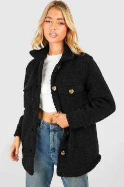 Cheap boohoo Button Detail Teddy Faux Fur Shacket black