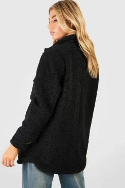 Cheap boohoo Button Detail Teddy Faux Fur Shacket black