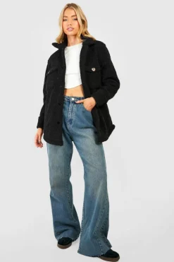 Cheap boohoo Button Detail Teddy Faux Fur Shacket black