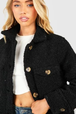 Cheap boohoo Button Detail Teddy Faux Fur Shacket black