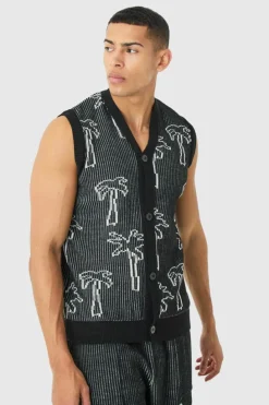 Cheap boohooMAN Button Through Palm Ribbed Knit Vest black