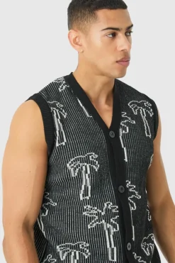 Cheap boohooMAN Button Through Palm Ribbed Knit Vest black