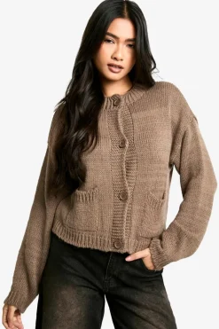 Hot boohoo Button Through Soft Knit Cardigan taupe