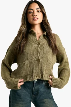 Cheap boohoo Button Through Soft Knit Cardigan khaki