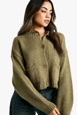 Cheap boohoo Button Through Soft Knit Cardigan khaki