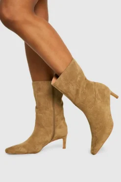Outlet boohoo Calf high Low Heeled Pointed Boots brown