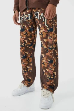 New boohooMAN Camo Gusset Detail Official Applique Flared Trousers tan