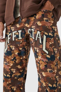 New boohooMAN Camo Gusset Detail Official Applique Flared Trousers tan