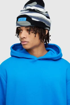 New boohooMAN Camo Print Man Woven Tab Beanie In grey