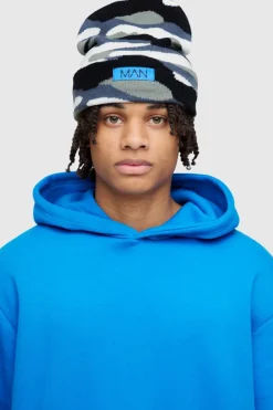 New boohooMAN Camo Print Man Woven Tab Beanie In grey