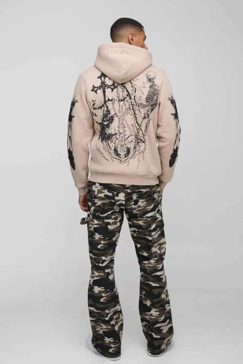 Discount boohooMAN Camo Raw Hem Gusset Carpenter Flared Jeans khaki
