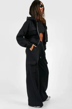 Clearance boohoo Cargo Pocket Cropped Hoodie Straight Leg Tracksuit black
