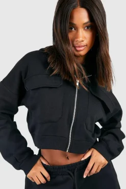 Clearance boohoo Cargo Pocket Cropped Hoodie Straight Leg Tracksuit black
