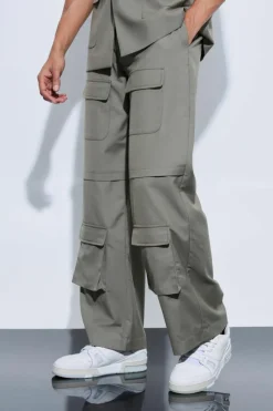 Store boohooMAN Cargo Pocket Wide Leg Trousers khaki