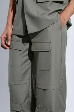 Store boohooMAN Cargo Pocket Wide Leg Trousers khaki