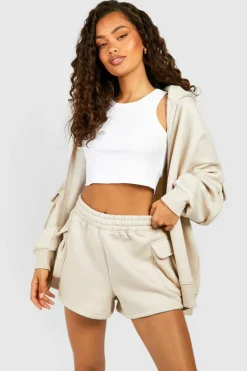 Discount boohoo Cargo Pocket Zip Through Short Tracksuit stone