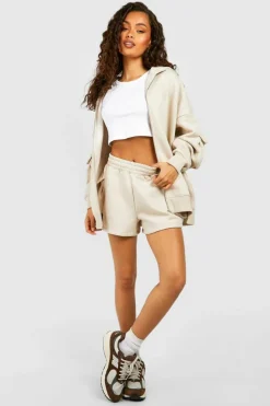 Discount boohoo Cargo Pocket Zip Through Short Tracksuit stone