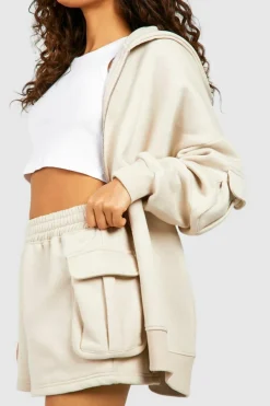 Discount boohoo Cargo Pocket Zip Through Short Tracksuit stone