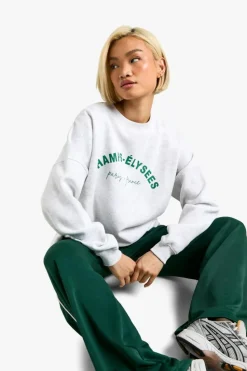 Cheap boohoo Champs Elysees Slogan Oversized Sweatshirt ash grey