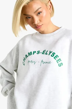 Cheap boohoo Champs Elysees Slogan Oversized Sweatshirt ash grey