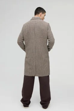 New boohooMAN Check Collared Overcoat In brown