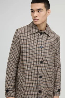 New boohooMAN Check Collared Overcoat In brown