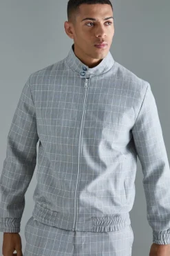 Clearance boohooMAN Check High Neck Zip Up Smart Bomber Jacket grey