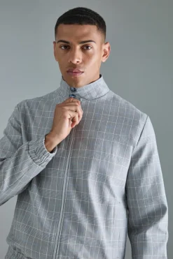 Clearance boohooMAN Check High Neck Zip Up Smart Bomber Jacket grey