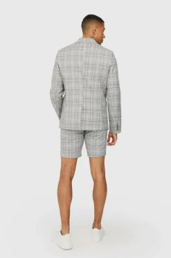 Shop boohooMAN Check Weave Slim Fit Suit Shorts natural