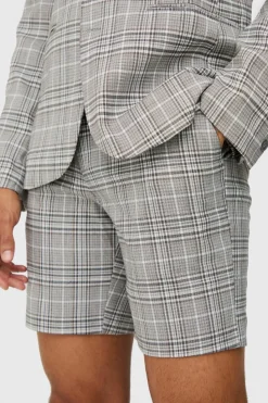 Shop boohooMAN Check Weave Slim Fit Suit Shorts natural