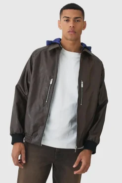Cheap boohooMAN Collared Pu Bomber Jacket With Detachable Hood In brown
