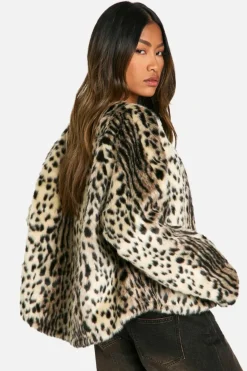 Cheap boohoo Collarless Leopard Faux Fur Jacket light beige