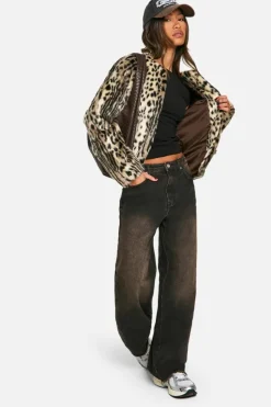 Cheap boohoo Collarless Leopard Faux Fur Jacket light beige