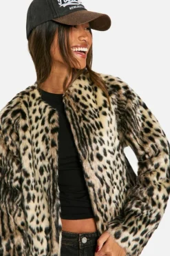 Cheap boohoo Collarless Leopard Faux Fur Jacket light beige