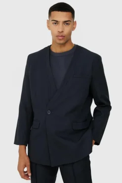 Cheap boohoo Collarless Suit Set in navy
