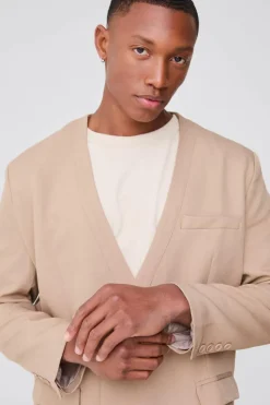 New boohoo Collarless Suit Set in taupe