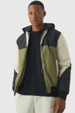 Best Sale boohooMAN Colour Block Hooded Padded Bomber Jacket In black