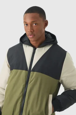 Best Sale boohooMAN Colour Block Hooded Padded Bomber Jacket In black